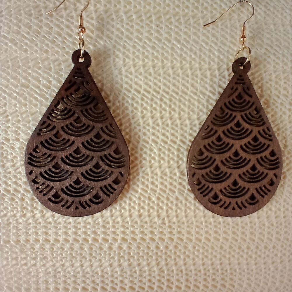 BOHO BROWN WOODEN Bohemian Teardrop Laser Cut 3.5" Earrings